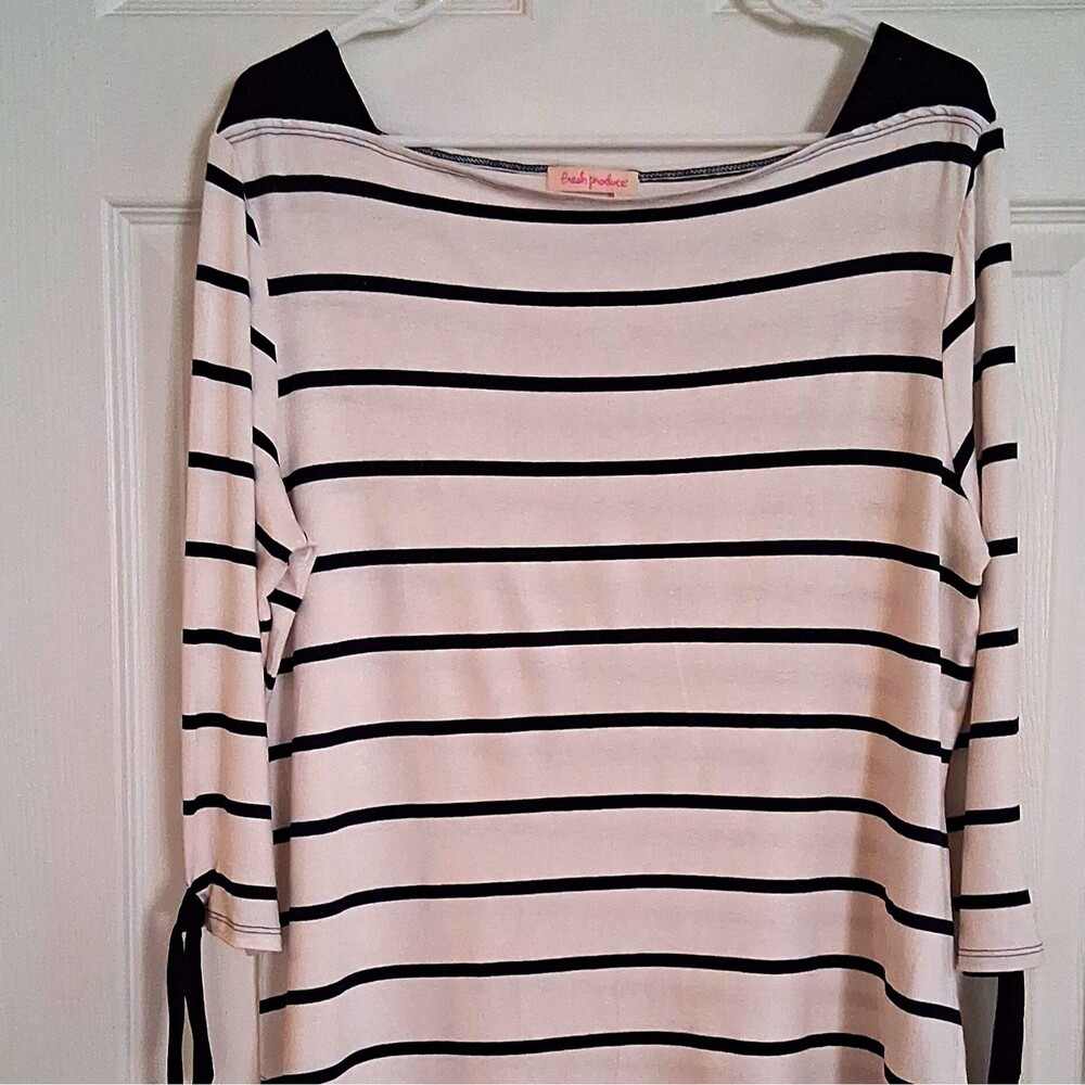 Fresh Produce XL Women's Black White Striped Boat Neck 3/4 Sleeve Knit Top